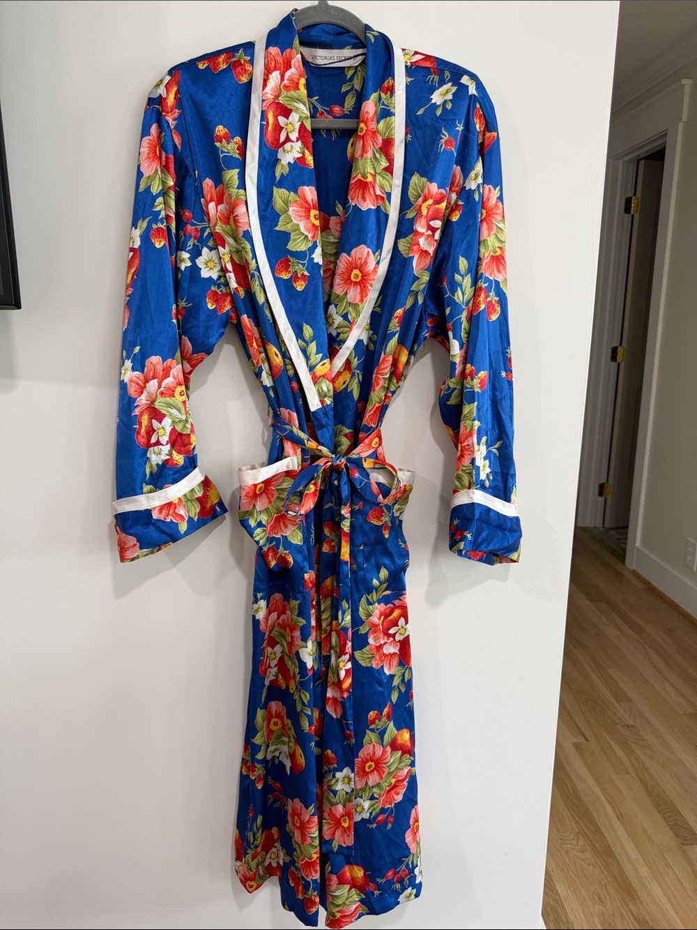 Vintage Victoria's Secret Blue Floral Satin Robe with Pink & Green Blooms